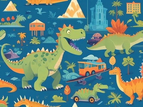 Flat cartoon dynos on a seamless light backdrop, fun pattern.