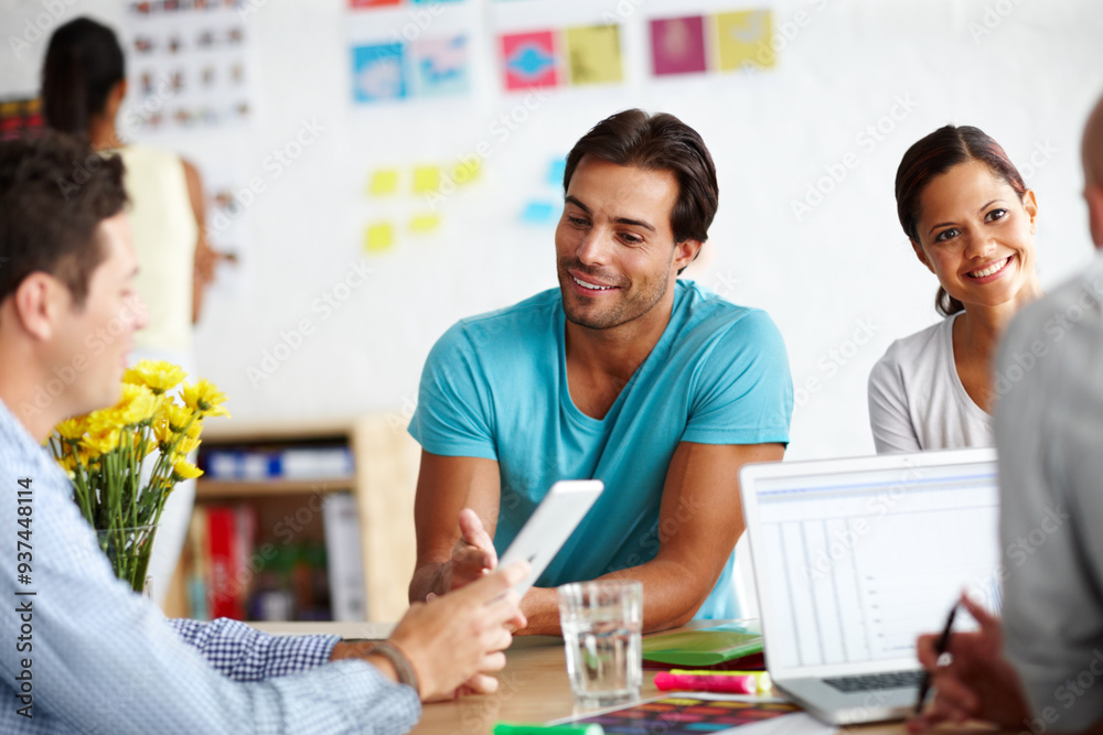 Poster Business people, office and meeting chat with tablet and social media management with strategy. Working, planning and teamwork with web and collaboration of designer group with tech and SEO design