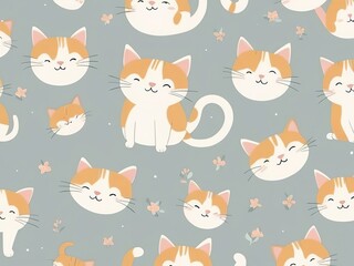 Seamless pattern with cute cartoon cats, flat design, light-colored background.