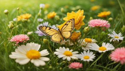 Colorful butterflies flit among bright flowers in a grassy field.