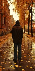 Man Walking in Fall Leaves on a Sidewalk