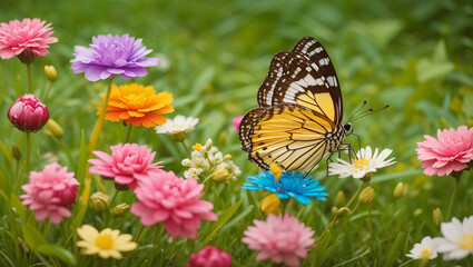 Obraz premium Colorful butterflies flit among bright flowers in a grassy field.