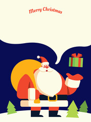 Santa Claus holding present on empty blank space flat art graphic illustration. Merry Christmas festive greeting card banner