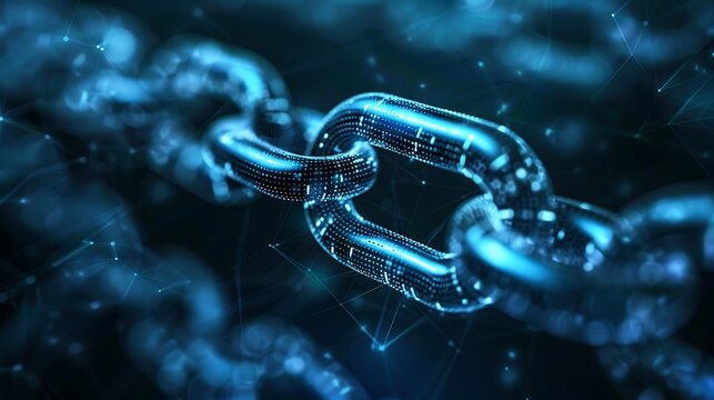Blockchain technology concept illustration with glowing digital chain link