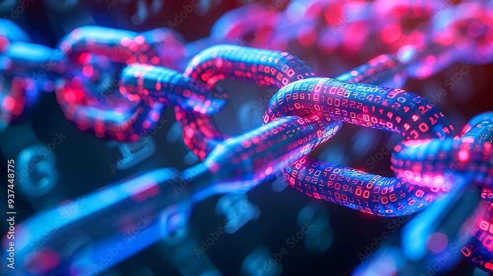 Wall mural neon blockchain with glowing digital chain link for technology concept.