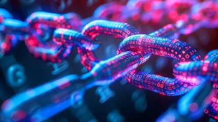 Neon blockchain with glowing digital chain link symbolizing secure technology innovation future connectivity concept.