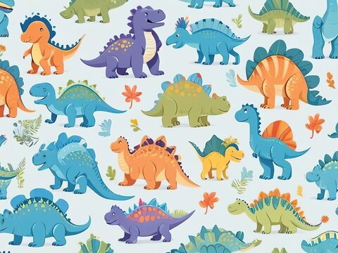 Cute cartoon dynos in a seamless design, light background.