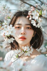 Naklejka premium Beautiful Woman In White Shirt Standing Among Cherry Blossoms