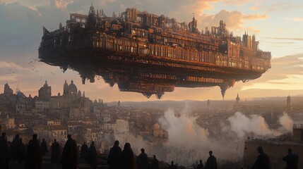 Majestic Airborne City: A Stunning Poster Perfect for Sports Interiors, Capturing Hope Amidst Urban Ruins Under a Sunset Sky