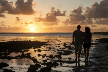 Couple Walking on Beach at Sunset