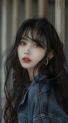 Fototapeta premium Portrait of a Young Woman with Long Black Hair Wearing a Denim Jacket