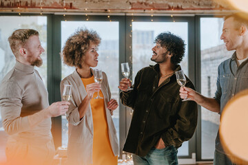 A group of friends raising glasses of champagne and one of them making a toast indoor