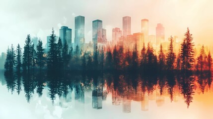 A stunning blend of urban skyline and serene nature, showcasing a harmonious relationship between city and forest.