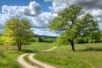 Obraz premium Dirt Path Winding Through a Green Field Under a Cloudy Blue Sky