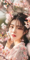 Fototapeta premium Beautiful Asian Woman In Pink Dress Posing With Cherry Blossoms