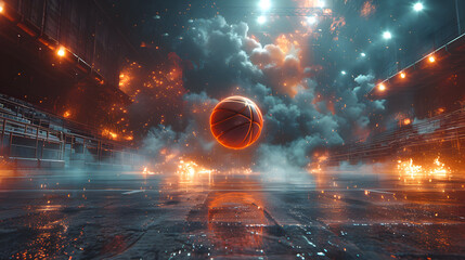 A basketball suspended mid-air with dramatic fire and smoke effects in a dark arena, creating an intense and dynamic atmosphere