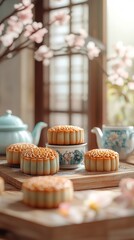 Mooncakes on a wooden tray, blooming flowers, and a teapot. Mid-Autumn festival, vertical banner