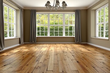 Fototapeta premium Spacious room with wooden flooring and large windows