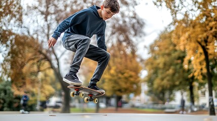 Teenage Boy Jumping on Skateboard in Autumn Park