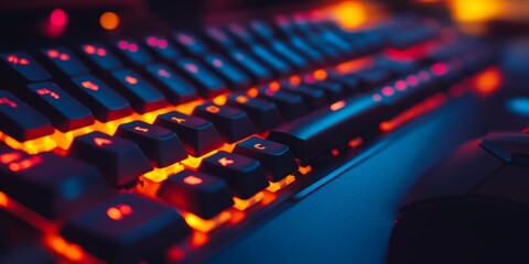 Close-up on a mechanical keyboard and mouse, backlit keys with customizable colors, emphasizing precision and tactile feedback, dark mode setup
