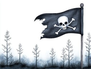 Naklejka premium Pirate flag waving in the wind, dark clouds, Halloween atmosphere, Watercolor style
