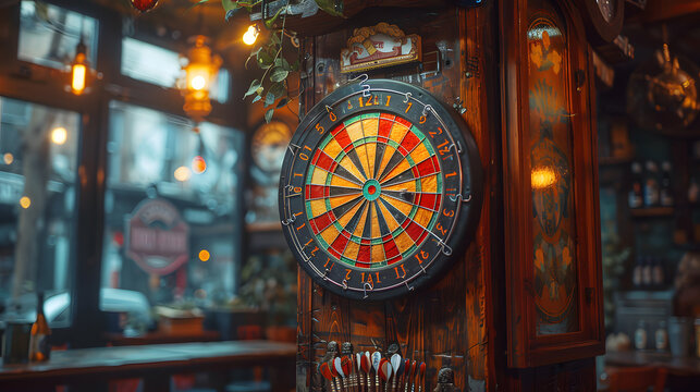 A cozy pub interior featuring a colorful dartboard on a wooden wall, surrounded by warm lighting and rustic decor