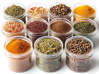 Collection of Spices in Glass Jars on White Background - Photo