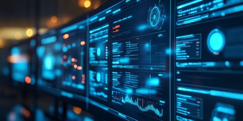 Naklejka premium Focused image of a firewall interface on a monitor, network traffic being filtered, advanced data protection software in use