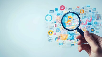 Fototapeta premium A hand holding a magnifying glass over various digital icons and graphs, symbolizing analysis and examination in business.