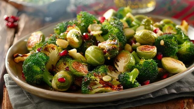 Delicious and healthy roasted brussel sprouts and broccoli seasoned with salt, pepper and garnished with pomegranate seeds