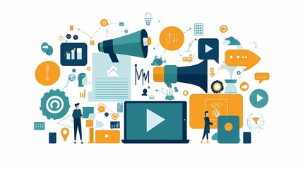 Fototapeta premium Creative digital marketing collages with icons, charts, and multimedia elements for communication strategy and engagement.