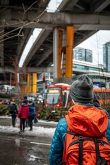 Obraz premium Person with Backpack Waiting for Bus Under an Overpass