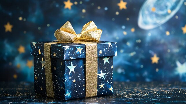 A whimsical, starry-themed gift box with a glittering bow, set against a cosmic-themed backdrop