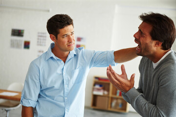 Men, crying and support in office with care, sad and listening for mental health at creative...