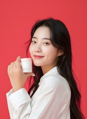 Young Woman Holding Cream Jar On Red Background