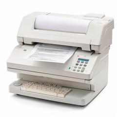 A white office fax machine with a document feeder and a built-in keypad.