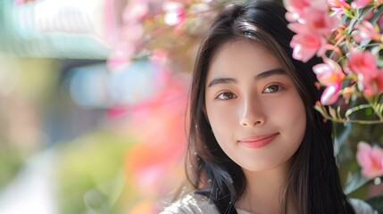 Fototapeta premium Young Asian Woman Posing With Flowers in Spring