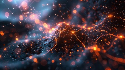Obraz premium Abstract glowing energy streaks and particles in blue and orange on a black background. Perfect for technology or science themes.