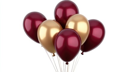 Elegant burgundy and gold balloons, neatly tied together, isolated on white