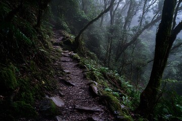 Forest Trail Path Through The Fog