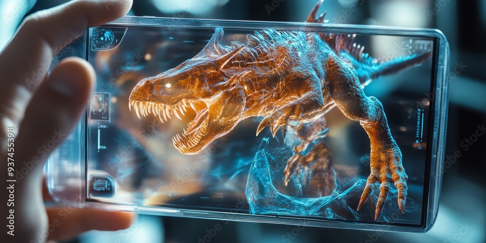 Poster Macro shot of a handheld AR device, gaming interface showing virtual creatures overlaid on the real world, engaging AR gaming experience
