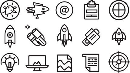Fototapeta premium A simple vector icon set featuring a startup launch, scalable solutions, SaaS platform, and innovation hub 