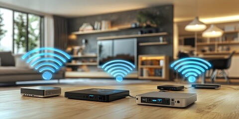 a wireless network setup, devices seamlessly connected in a home or office environment