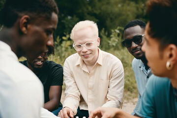 A young albino man with a group of people sitting close together in a circular formation, engaging in conversation and interaction.. Generative AI