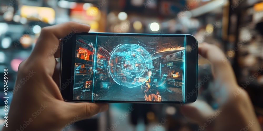 Aufkleber Close-up on a smartphone display showing augmented reality, digital elements blending with real world, seamless tech integration, handheld