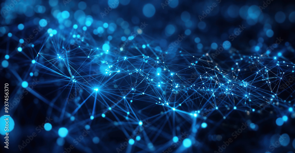 Poster Abstract network connection dots and lines forming a futuristic shape with a blurred background. High quality photo