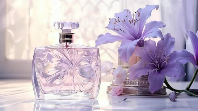 Animation of transparent glass perfume bottle or toilet water with blossom purple flowers. Empty container for branding and label mockup. Eau de toilette. Perfumery and natural beauty product