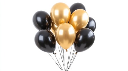 Group of sophisticated black and gold balloons, tied together, isolated on white