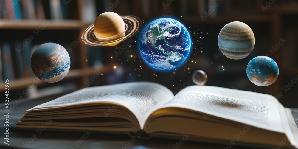 Poster an AR educational app, virtual models of planets floating over a textbook, enhancing learning through interactive visual aids