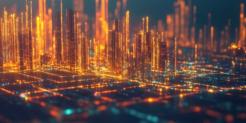 a smart city concept, interconnected buildings and infrastructure visualized with glowing data lines